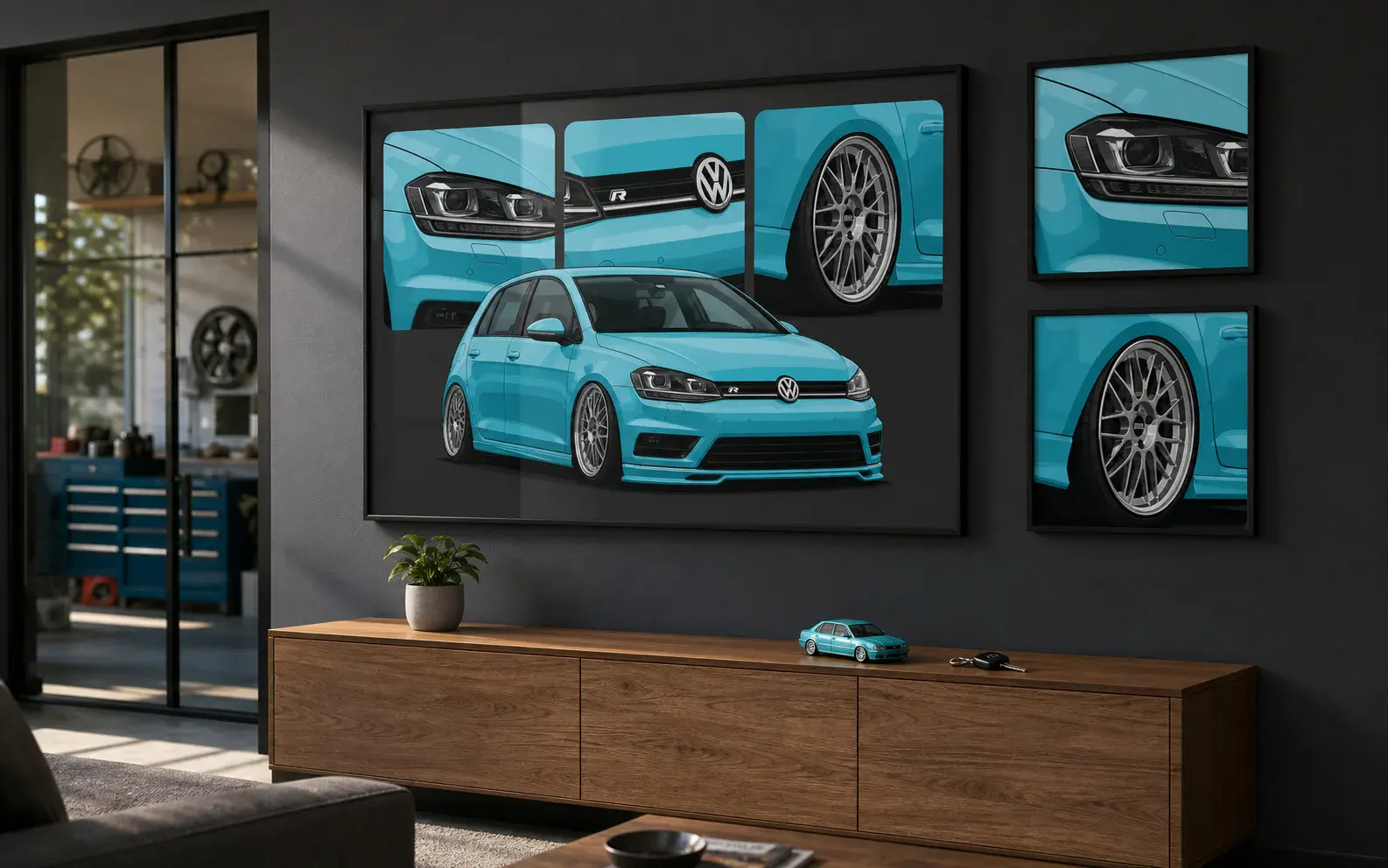 Framed car prints on a living room wall